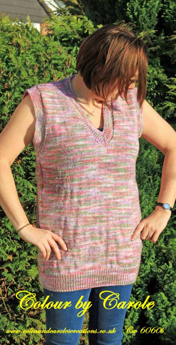 A sleeveless top hand knitted aboard the narrow boat “Emma Maye” in Lancashire by Carole Wareing of Colin and Carole’s Creations. Created from a shade sw 5 from J C Brett’s “Stonewash” which is an acrylic yarn. Colours are pastel shades of grey, pink, lilac and greens. It is a size 16 garment, chest size 42inch, and 28inch long Machine washable at 30 degrees C Price is £50 including p and p to a UK address, please enquire for overseas delivery.
