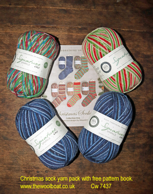 Christmas sock yarn pack with free pattern book. A limited offer of 4 balls of West Yorkshire Spinners signature 4 ply sock yarn in Christmas shades.