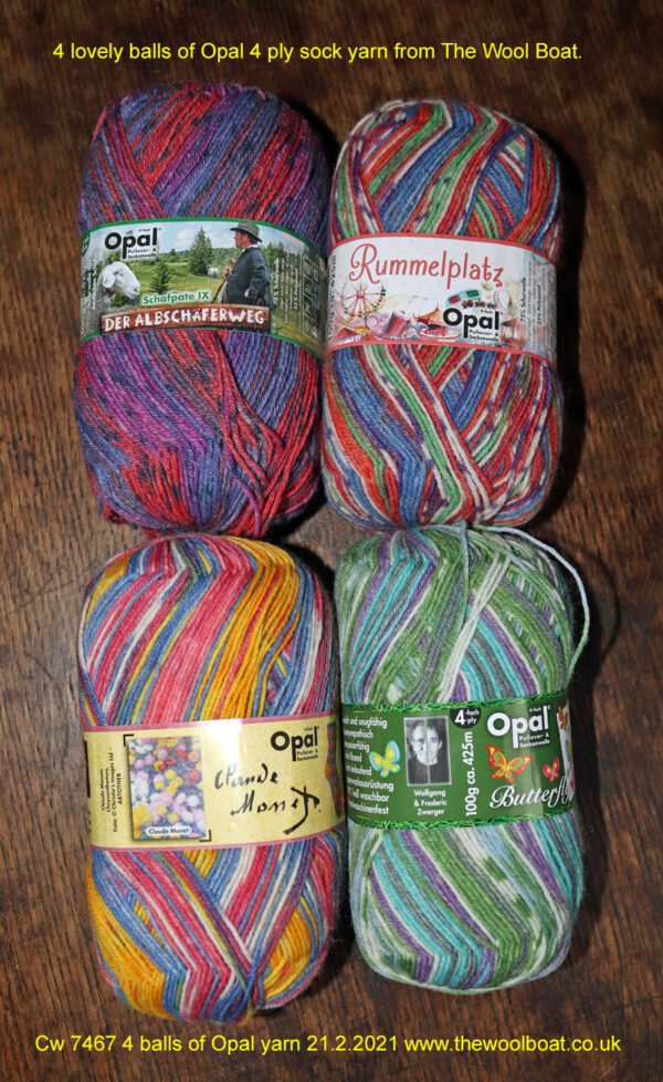 4 lovely balls of Opal 4 ply sock yarn from The Wool Boat. We have 2 balls of each of these shades, so chance to grab a pack of all 4 balls for £32. This price includes free delivery to a uk address. These 4 balls, are top left, Purple/Orange, Schafpate 1X Shade no 9412, dye 1716, Top right, Multi coloured, Potpourri; Shade no 8840 dye 1114, Bottom left, Pastel, Rainbow, Claude Monet, Shade no 6980 dye no 2184 Bottom right, Greens and blues, Butterfly, Shade 9653 Dye no 2070