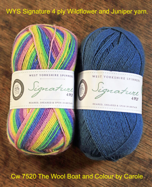 WYS Signature 4 ply Wildflower and Juniper yarn. West Yorkshire Spinners Signature 4 ply yarn that is also great for sock knitting as it contains Nylon and polyester to make it hard wearing. These two shades are shade 845 Wildflower and shade 157 Juniper, which complement each other quite well so the blue of the juniper could be used as a contrast on the cuffs, heels and toes of socks knitted from the Wildflower.