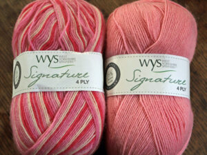 WYS Signature 4 ply Pink Flamingo and Candyfloss yarn. West Yorkshire Spinners Signature 4 ply yarn that is also great for sock knitting as it contains Nylon and polyester to make it hard wearing. These two shades are Pink Flamingo shade 845 and Candyfloss shade 547 which complement each other quite well.