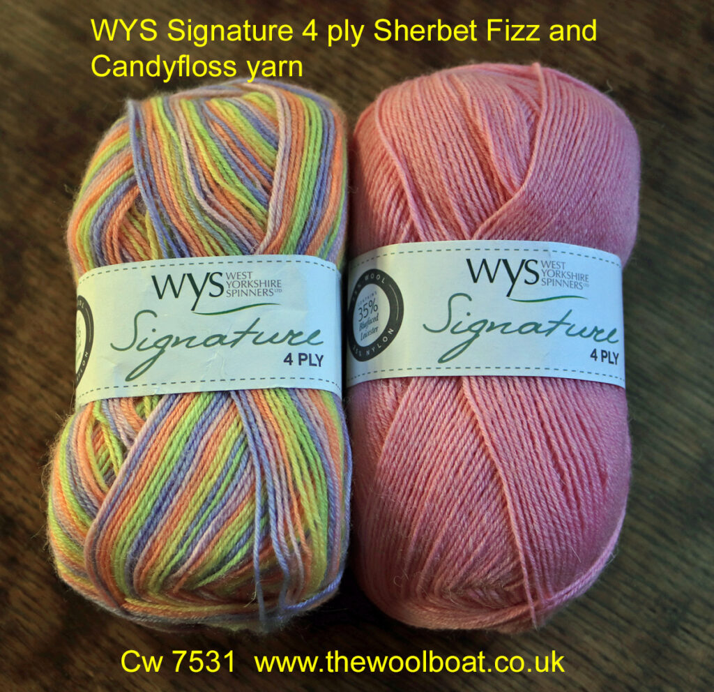 WYS Signature 4 ply Sherbet Fizz and Candyfloss yarn. West Yorkshire Spinners Signature 4 ply yarn that is also great for sock knitting as it contains Nylon and polyester to make it hard wearing. These two shades are Sherbet Fizz shade 845 and Candyfloss shade 547 which complement each other quite well.