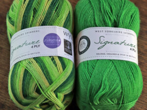 WYS Signature 4 ply Spring Green and Chocolate Lime yarn. West Yorkshire Spinners Signature 4 ply yarn that is also great for sock knitting as it contains Nylon and polyester to make it hard wearing. These two shades are Spring green shade 882 and Chocolate Lime shade 395 which complement each other quite well. The Spring green is one of the 4 season’s range of yarns designed by the Winwick Mum. These are 2 of the 57 shades of this yarn we have available from stock on The Wool Boat. The yarn is 75% Wool of which 35% is Bluefaced Leicester and 25% Nylon. 100gram balls 400m/437 yards 3.25mm needles Tension 10cm/4inch square 36 rows by 28 sts Cost at 3.4.2021 £7.50 per 100 gram ball available from The Wool Boat or we can post the pair out to a uk address for £18. Image Cw 7534 copyright Colin Wareing of Colin and Carole’s Creations Cw 7534 www.thewoolboat.co.uk E-mail colinandcarolescreations@yahoo.co.uk 3.4.2021