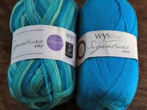 WYS Signature 4 ply Seascape and Bubblegum yarn. West Yorkshire Spinners Signature 4 ply yarn that is also great for sock knitting as it contains Nylon and polyester to make it hard wearing. These two shades are Seascape shade 873 and Bubblegum shade 360 which complement each other quite well. The Seascape is one of the 4 season’s range of yarns designed by the Winwick Mum.