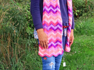 Pink, Purple and lilac chunky scarf. A long and warm bright scarf designed and hand knitted by Carole Wareing of Colin and Carole’s Creations and The Wool Boat.