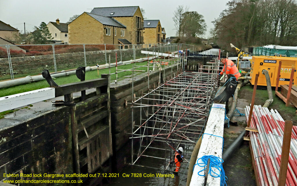 Eshton Road lock Gargrave scaffolded out 7.12.2021 
A depression in the towpath at the side of lock wall at Eshton lock on the Leeds and Liverpool canal in Gargrave was discovered on Tuesday the 28th September 2021. 
Canal and River trust engineers think that water had got in behind the look wall and has caused it to bulge inwards to the lock and has created the depression in the tow path. 
The lock has been closed since Saturday the 2nd of October and work has started to get ready for repairs to commence. 
By Tuesday the 7th of December a work site had been established, fibre dams had been installed above and below the lock and scaffolding had been set up in the lock chamber while work continues ready for the rebuild of the lock wall. 
On the day this picture was taken there is no indication from the Canal and River Trust when the works will be completed and the lock reopened.  
Copyright Colin Wareing  
 Cw 7828 Colin Wareing  
