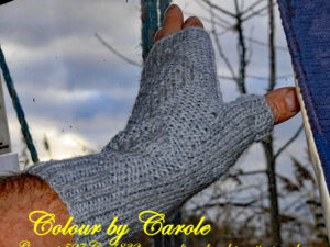 Silver fingerless gloves A pair of silver fingerless gloves designed and hand knitted by Carole Wareing of Colin and Carole’s Creations and The Wool Boat. These are adult sized gloves, ideal for gardening, typing, mechanicing, It work, locking, bicycling.... The gloves are for sale for £10.00 including delivery to a uk address They are knitted from J C Bretts a silver grey with shade of Top Value double knitting acrylic yarn.