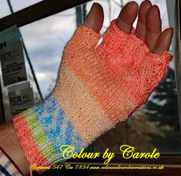 Orange Harmony fingerless gloves A pair of fingerless gloves created from a yarn with shades of Orange, blues and a touch of yellow. Orange, blues and a touch of yellow fingerless gloves designed and hand knitted by Carole Wareing of Colin and Carole’s Creations and The Wool Boat. These are adult sized gloves ideal for gardening, typing, mechanicing, It work, locking, bicycling....