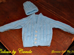 Baby’s jacket and hat set hand knitted by Carole Wareing of The Wool Boat and Colin and Carole’s Creations Description – Blue babies jacket and hat set. Size - To fit a baby between 3 and 6 months old. Colour – Baby blue
