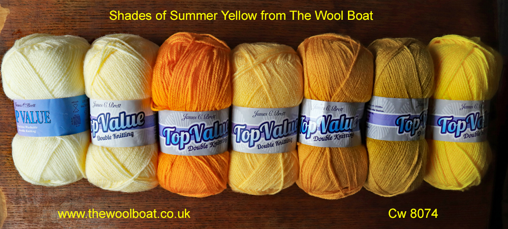  J C Bretts acrylic Top Value yarn in range of yellow shade’s we have available on The Wool Boat on the 19.7.2022.   From left to right, shade 844 Cream, shade 8412 Lemon, shade 8411 Yellow, shade 8459 Butter Milk, shade 8462 Old Gold, shade 8467 Mustard, and shade 8476, Sunshine yellow.  Double knitting weight yarn  The yarn is easy care, being machine washable at 30C   Price at July 2022 is £1.80 per 100 gram ball.  A 100gram ball contains approximately 317 yards of yarn.   We now have a range of 36 shades of this yarn in stock on The Wool Boat.   Image  Cw 8074 copyright Colin Wareing of Colin and Carole’s Creations  www.colinandcarolescreations.co.uk www.thewoolboat.co.uk  E-mail colinandcarolescreations@yahoo.co.uk  Phone no 07931 356204  Balls in stock 19.7.2022  shade 844 Cream,  balls 21 shade 8412 Lemon,  balls 12 shade 8411 Yellow,  balls 14 shade 8459 Butter Milk, balls 9 shade 8462 Old Gold,    balls 28 shade 8467 Mustard,      balls 17 and shade 8476, Sunshine yellow balls 20
