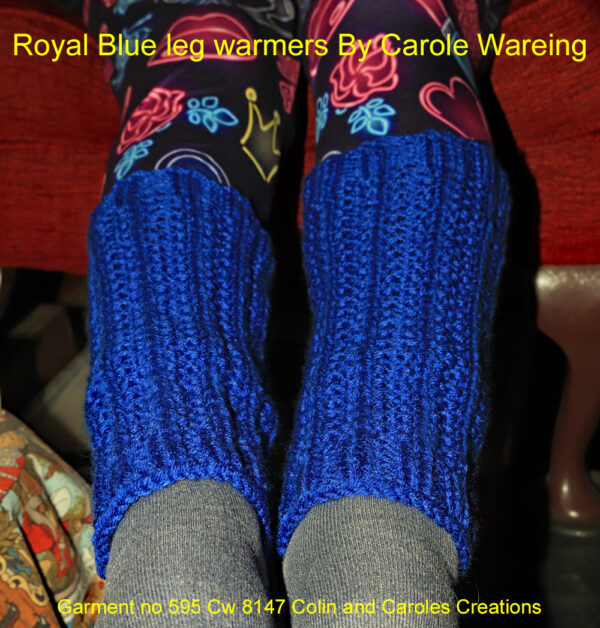 Royal Blue leg warmers A pair of lovely cosy thick Royal Blue leg warmers hand knitted aboard the narrow boat “Emma Maye” in Lancashire by Carole Wareing of Colin and Carole’s Creations. These leg warmers will make a great handmade present for someone or indeed for yourself. They are adult sized being 10 inches long, knitted from a double strand of yarn, with a ribbed pattern and a cuff on either end. This is yarn available from The Wool Boat in a range of colours so you could have a pair knitted from the choice of shades we have aboard. The yarn used for this shawl is an acrylic yarn from the James C Brett’s “Top Value” range, shade 8472 “Royal Blue” The price is £10, come and pick up from The Wool Boat, or can be posted out to a uk address with postage included in the £15.