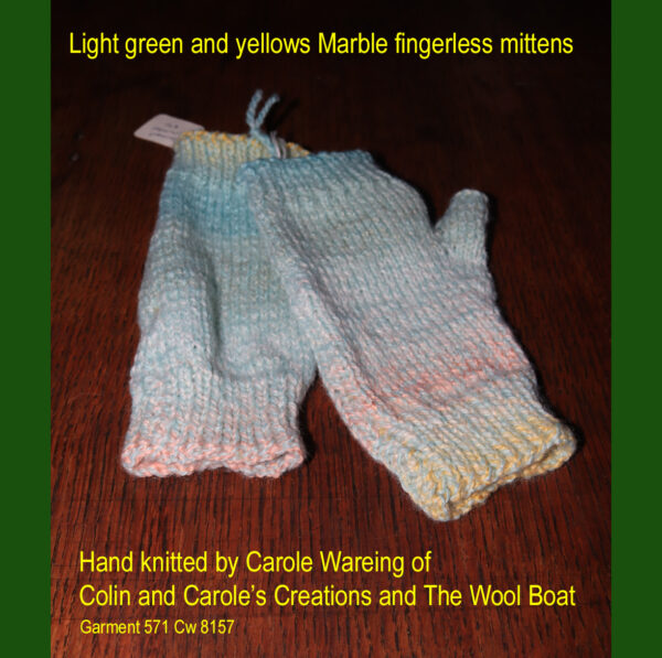 Light green and yellows Marble fingerless mittens A pair of fingerless mittens designed and hand knitted by Carole Wareing of Colin and Carole’s Creations and The Wool Boat. These are adult sized mittens ideal for gardening, typing, mechanicing, IT work, locking, bicycling.... The gloves are for sale for £7.50 or £10 including delivery to UK address.