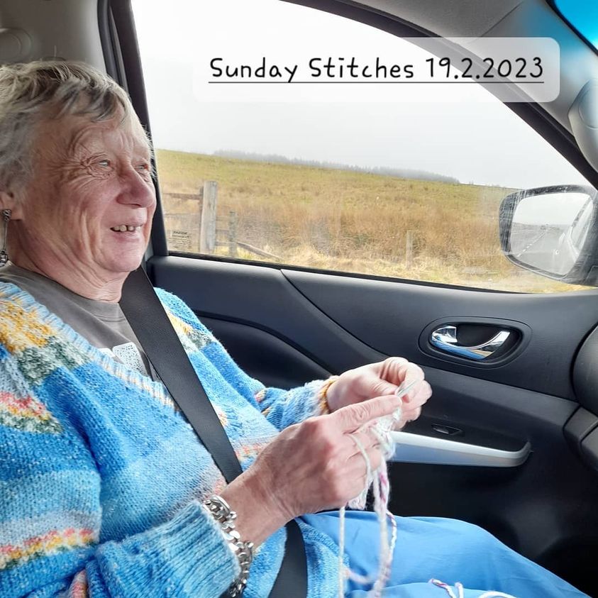 Sunday Stitching on the road this week

on the way back from a week in the Derbyshire Peak District.

A bit misty over the Cat and Fiddle road this morning as we made a quick photo stop.

Carole is working on a Chunky hat this week.