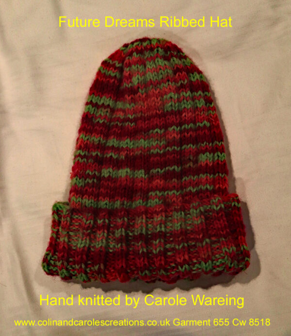 Future Dreams ribbed hat in shades of maroon, pinks and greens. A striped hat hand knitted aboard the narrow boat “Emma Maye” in Lancashire by Carole Wareing of Colin and Carole’s Creations. Great for an adult or teenager, Colour – Maroon, pinks and greens in horizontal stripes of varying depths. A Pure Wool Hat, very warm and snuggly. The price is £15 or £18 including delivery to a uk address Created from a shade of West Yorkshire Spinners Colour Lab woollen yarn called “Future Dreams” which we stock on The Wool Boat. West Yorkshire Spinners have created a special colourway of ColourLab DK to support breast cancer charity Future Dreams, who provide practical and emotional support via workshops and classes, raise awareness around detecting signs and symptoms and fund research into secondary breast cancer. The idea was to create something bright, beautiful and meaningful that would flourish and bloom into something that crafters could share and enjoy. £1 for every ball sold will go to Future Dreams. Hand knitted by Carole Wareing Garment 655 Cw 8518
