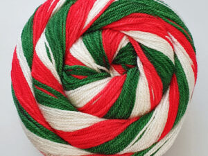 James C Bretts Swurlywurly Double knitting Yarn Available in 8 shades of bright whirls of vibrant colours. This one is SRL 08 named Christmas in colours of Red, White and green. 100% Acrylic 550m 599 yards per 200-gram cake knits to most D K patterns. Machine Washable £8.00 per 200-gram cake collected from The Wool Boat or we can post out.
