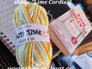 James C Bretts Party Time stripes knitting and crochet yarn Party Time stripes PTS 03 ‘Lime Cordial’ Yarn Baby yarn in shades of Green, yellow and cream called “Party Time stripes”. 100% Premium Acrylic Knits to most DK patterns Ball Weight: 100g - Ball Length: 280 Metres Blend: 100% Premium Acrylic Recommended Knitting Needles: 4.00mm Care Instructions: Machine Washable at 30 degrees Tension Square: 10x10cm, 22sts, 28rows If you are coming to visit us for this yarn please give us a ring then we can confirm our stock levels. This yarn can be posted out to a UK address which will plus postage and packing if applicable. Thank you for having a look, Carole, and Capt Col on The Wool Boat.