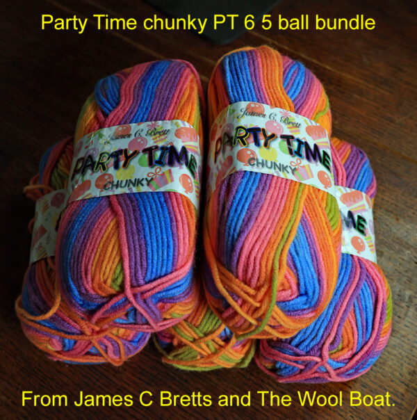 J C Bretts Party Time Chunky yarn available from The Wool Boat. This is shade PT 6, in shades of orange and lilac. Machine Washable 100% Premium Acrylic 100 gram balls, 6 mm needles, 167 yards / 154 m. Tension 14sts+20rows per 10cm/4inch £3.60 per 100 gram ball at 3.8.2025 though this could change without notice. This 5 ball pack is £20 with free delivery to a uk address.