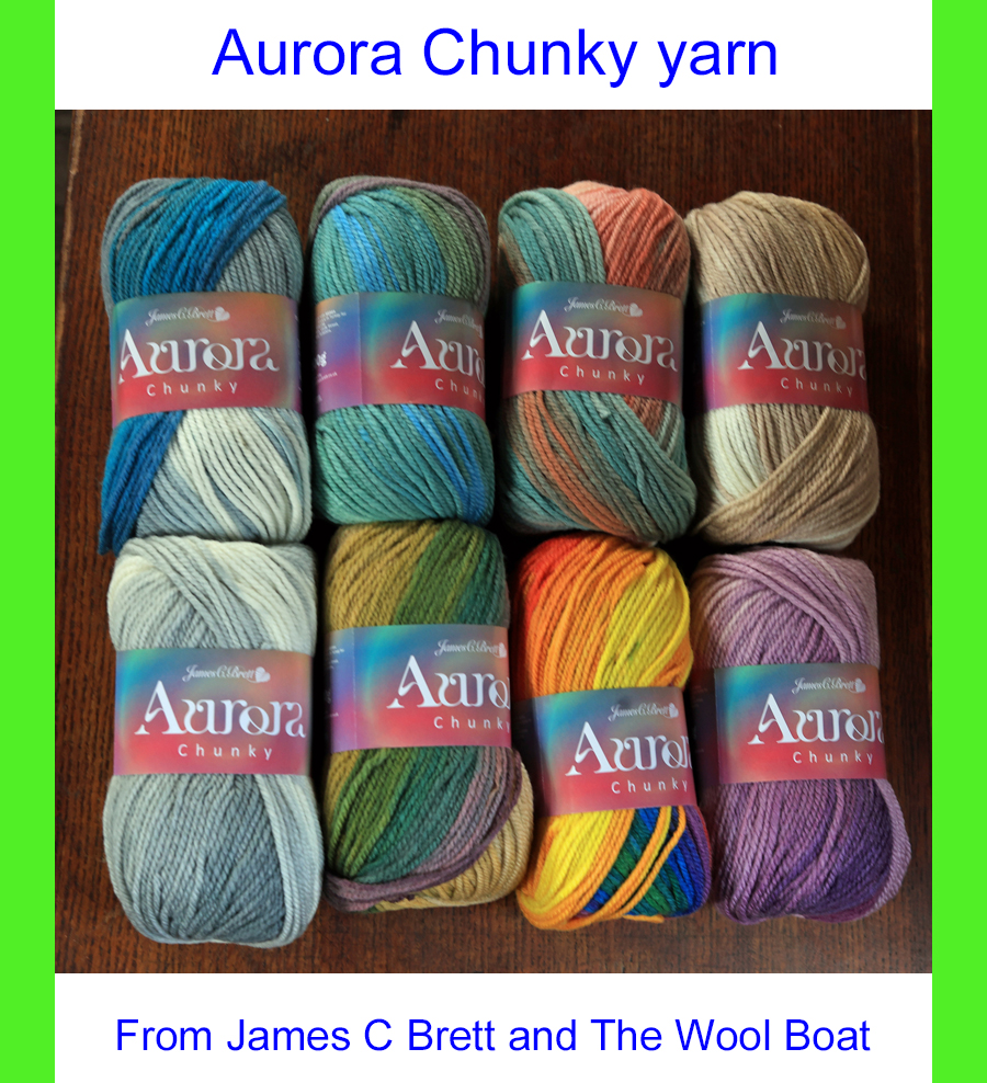 J C Bretts Aurora Chunky weight knitting and crochet yarn in a nice range of shades available from The Wool Boat.
We now have 8 different shades of this range of yarn in stock.
Left to right on the top row in this picture are shade AC01 called “Cloudy Skies”, shade AC02 called “Garden Slate” shade AC03 called “Peach Grove” Shade AC04 called “Winter Tree” and on the bottom row, again from left to right shade AC05 called “Silver Ore” Shade AC06 called “Bramble Bush” Shade AC07 called “Rich Rainbow” and shade AC08 called “Mixed Berries”. 
Machine Washable 80% Acrylic 20% Wool
100-gram balls, 6 mm needles, 155 meters / 169 yards knits to most Chunky patterns.
£3.90 per 100-gram ball. Can be posted out to a uk address. 
