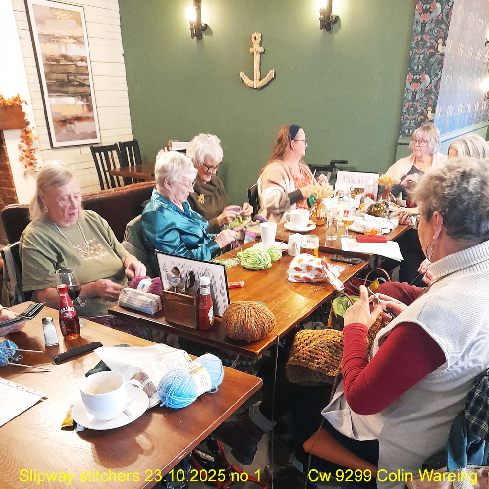 Lots of stitching, either knitting or crochet, and some nattering at The Slipway Stitchers knit and natter in the Slipway pub on the afternoon of the 23.10.2025 The group normally gather in the Slipway pub on a Thursday afternoon for a knit, crochet and natter from 1 pm and everyone is welcome anyone to come and join them. 23.10.2025 Image Cw 9299 copyright Colin Wareing of Colin and Carole’s Creations www.thewoolboat.co.uk E-mail colinandcarolescreations@yahoo.co.uk Phone no 07931 356204
