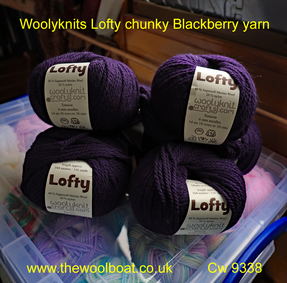 Wooly knits Lofty Chunky yarn, Shade Blackberry, a nice deep purple. Machine Washable 80% Supersoft Merino Wool 20% Nylon 100-gram balls, 6 mm needles, 104 meters / 116 yards knits to most Chunky patterns. £5 per 100-gram ball. Can be posted out to a uk address. £30 for all six balls