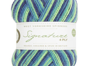 4 ply knitting or crochet yarn from the West Yorkshire Spinners Signature 4 Ply range.75% Wool - 25% Nylon. The wool content contains 35% luxurious Blue faced Leicester making this one of the most sumptuous 4 Ply products on the market. It is ideal for socks and more! West Yorkshire Spinners, reared, sheared and spun in Britian. British Wool Mark Makeup - Size 100gm balls (400m) Tension 36rs x 28sts - 10cm sq - 3.25mm (US3) needles Excellent Value at £8.50 per ball available from The Wool Boat or we can post out to a UK address for the £6 plus postage if applicable. Machine Wash 30° This is the Blue Lagoon shade, no 831, in shades of blue, which has now been discontinued, so limited stocks. We also have a sock and shawl pattern booklets and patterns to go with the yarns. Collect from The Wool Boat moored near Burscough in West Lancashire or this yarn can be posted out to a UK address with postage and packing added if applicable. Thank you for having a look, Carole, and Capt Col on The Wool Boat.