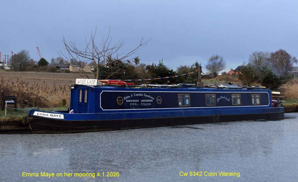 The Leeds and Liverpool canal has frozen over near Crabtree Lane to the West of Burscough. 
The narrowboat “Emma Maye” aka The Wool Boat has a layer of ice around her so won’t be going anywhere today, after the overnight temperature had fallen to -5c. 
Photo image Cw 9342 Copyright Colin Wareing 
