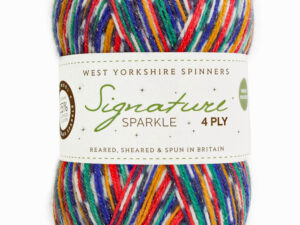 4 ply knitting or crochet yarn from the West Yorkshire Spinners Signature 4 Ply range.75% Wool - 25% Nylon. The wool content contains 35% luxurious Blue faced Leicester making this one of the most sumptuous 4 Ply products on the market. It is ideal for socks and more! West Yorkshire Spinners, reared, sheared and spun in Britian. British Wool Mark Makeup - Size 100gm balls (400m) Tension 36rs x 28sts - 10cm sq - 3.25mm (US3) needles Excellent Value at £8.50 per ball available from The Wool Boat or we can post out to a UK address for the £8.50 plus postage if applicable. Machine Wash 30° This is the Nutcracker shade, no 1166, in shades of red blue and green with a sparkle. This is one of the Christmas yarn collection. We also have a sock and shawl pattern booklets and patterns to go with the yarns. Collect from The Wool Boat moored near Burscough in West Lancashire or this yarn can be posted out to a UK address with postage and packing added if applicable. Thank you for having a look, Carole, and Capt Col on The Wool Boat.