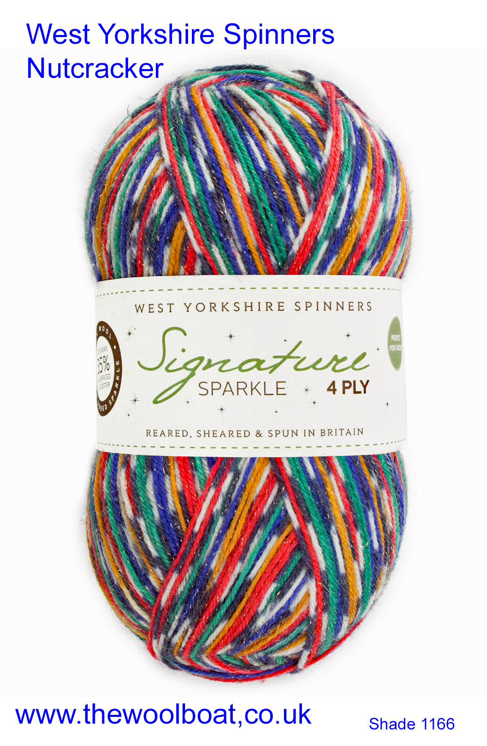 4 ply knitting or crochet yarn from the West Yorkshire Spinners Signature 4 Ply range.75% Wool - 25% Nylon. The wool content contains 35% luxurious Blue faced Leicester making this one of the most sumptuous 4 Ply products on the market. It is ideal for socks and more! West Yorkshire Spinners, reared, sheared and spun in Britian. British Wool Mark Makeup - Size 100gm balls (400m) Tension 36rs x 28sts - 10cm sq - 3.25mm (US3) needles Excellent Value at £8.50 per ball available from The Wool Boat or we can post out to a UK address for the £8.50 plus postage if applicable. Machine Wash 30° This is the Nutcracker shade, no 1166, in shades of red blue and green with a sparkle. This is one of the Christmas yarn collection. We also have a sock and shawl pattern booklets and patterns to go with the yarns. Collect from The Wool Boat moored near Burscough in West Lancashire or this yarn can be posted out to a UK address with postage and packing added if applicable. Thank you for having a look, Carole, and Capt Col on The Wool Boat.
