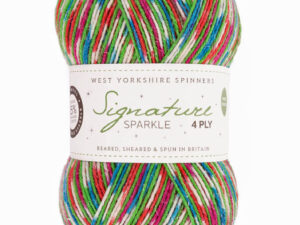4 ply knitting or crochet yarn from the West Yorkshire Spinners Signature 4 Ply range.75% Wool - 25% Nylon. The wool content contains 35% luxurious Blue faced Leicester making this one of the most sumptuous 4 Ply products on the market. It is ideal for socks and more! West Yorkshire Spinners, reared, sheared and spun in Britian. British Wool Mark Makeup - Size 100gm balls (400m) Tension 36rs x 28sts - 10cm sq - 3.25mm (US3) needles Excellent Value at £8.50 per ball available from The Wool Boat or we can post out to a UK address for the £8.50 plus postage if applicable. Machine Wash 30° This is the Fairy Lights Sparkle shade, no 905, in shades of Red, Cream, Green, with a sparkle . We also have a sock and shawl pattern booklets and patterns to go with the yarns. Collect from The Wool Boat moored near Burscough in West Lancashire or this yarn can be posted out to a UK address with postage and packing added if applicable. Thank you for having a look, Carole, and Capt Col on The Wool Boat.
