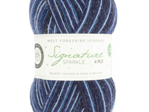 4 ply knitting or crochet yarn from the West Yorkshire Spinners Signature 4 Ply range.75% Wool - 25% Nylon. The wool content contains 35% luxurious Blue faced Leicester making this one of the most sumptuous 4 Ply products on the market. It is ideal for socks and more! West Yorkshire Spinners, reared, sheared and spun in Britian. British Wool Mark Makeup - Size 100gm balls (400m) Tension 36rs x 28sts - 10cm sq - 3.25mm (US3) needles Excellent Value at £8.50 per ball available from The Wool Boat or we can post out to a UK address for the £8.50 plus postage if applicable. Machine Wash 30° This is the Silent Night shade, no 906, in shades of blues with a sparkle. We also have a sock and shawl pattern booklets and patterns to go with the yarns. Collect from The Wool Boat moored near Burscough in West Lancashire or this yarn can be posted out to a UK address with postage and packing added if applicable. Thank you for having a look, Carole, and Capt Col on The Wool Boat.