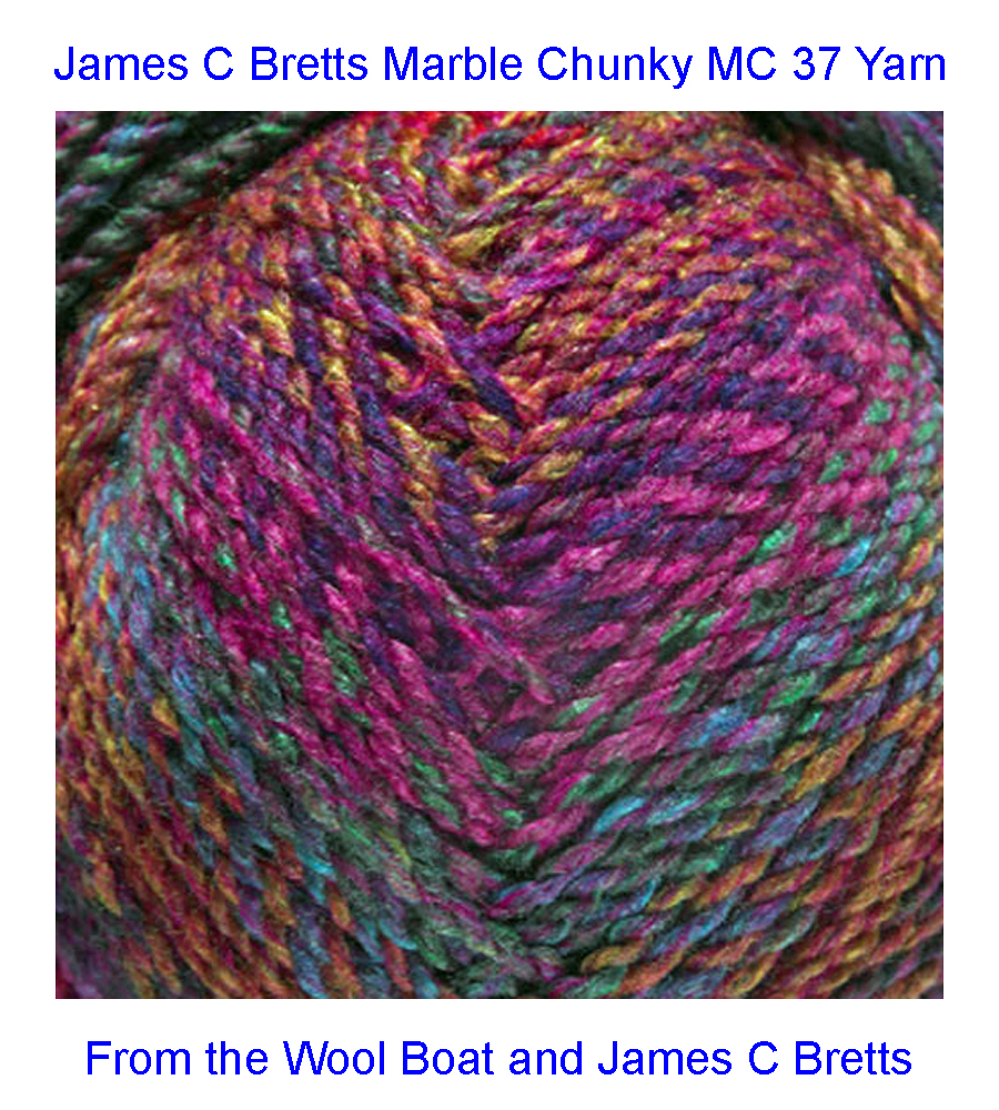James C Bretts Marble Chunky knitting and crochet yarn Marble Chunky MC 37 Yarn Available in range of shades from pastel to vibrant and variegated colours. 100% Acrylic Length 312m 341 yards per 200-gram ball. Needle size, 6mm US10 Tension 14sts+20rows per 10cm/4inch Knits to most Chunky patterns. Machine Washable at 30C This one is MC 37 in colours of Cerrise and blues This yarn can be posted out to a UK address which will plus postage and packing if applicable. Thank you for having a look, Carole, and Capt Col on The Wool Boat.