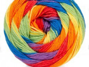 SRL 01 named Carnival. These shades are oranges, blues, purples, and creams. 100% Acrylic Length 550m 599 yards per 200-gram cake Needle size 4 mm US6 Tension 22sts to 28 rows Knits to most D K patterns.