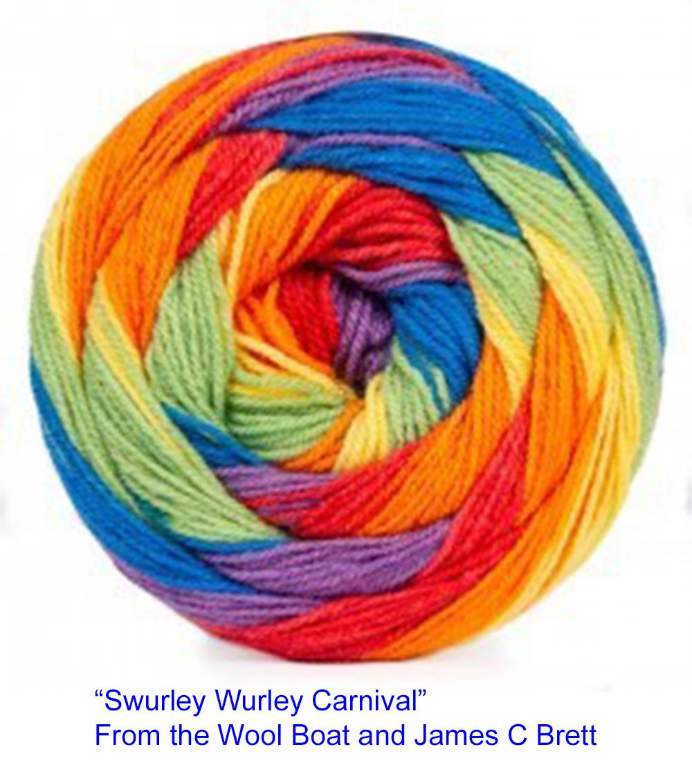 SRL 01 named Carnival. These shades are oranges, blues, purples, and creams. 100% Acrylic Length 550m 599 yards per 200-gram cake Needle size 4 mm US6 Tension 22sts to 28 rows Knits to most D K patterns.