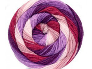 Swurley Wurley DK Yarn Available in 10 shades of bright whirls of vibrant and variegated colours. The 10 shades in the range, with each 200-gram cake having enough yarn to knit or crochet a shawl or a scarf. This is shade SRL 03 named Wild Berries in colours of purples, maroons and lilacs