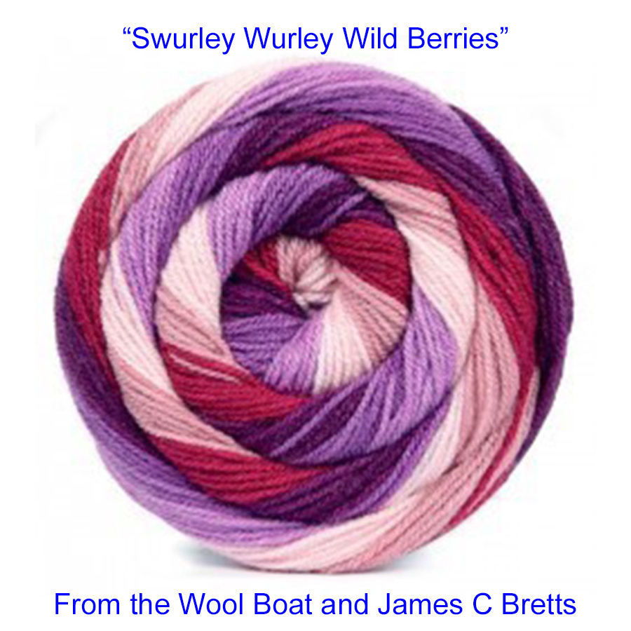 Swurley Wurley DK Yarn Available in 10 shades of bright whirls of vibrant and variegated colours. The 10 shades in the range, with each 200-gram cake having enough yarn to knit or crochet a shawl or a scarf. This is shade SRL 03 named Wild Berries in colours of purples, maroons and lilacs
