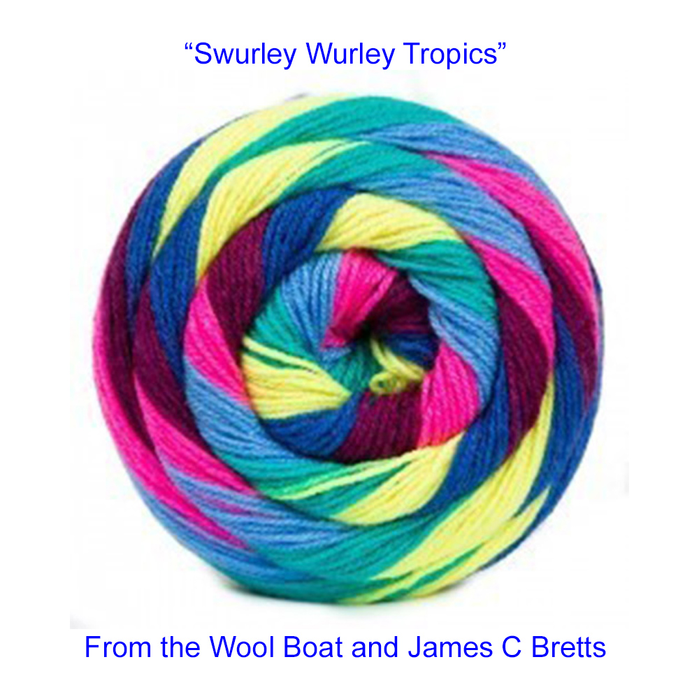James C Bretts Swurlywurly Double knitting Yarn Swurley Wurley DK Yarn SRL 04 “Tropics” Available in 10 shades of bright whirls of vibrant and variegated colours. The 10 shades in the range, with each 200-gram cake having enough yarn to knit or crochet a shawl or a scarf. Examples of shawls that Carole has knitted are here as well. 100% Acrylic Length 550m 599 yards per 200-gram cake Needle size 4 mm US6 Tension 22sts to 28 rows Knits to most D K patterns. Machine Washable 30° This is shade SRL 04 named Tropics in colours of purples, yellows, blues and maroons. This yarn can be posted out to a UK address which will plus postage and packing if applicable. Thank you for having a look, Carole, and Capt Col on The Wool Boat.