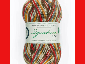 “West Yorkshire Spinners “Robin” From the Wool Boat and West Yorkshire Spinners, shade 941. 4 ply knitting or crochet yarn from the West Yorkshire Spinners Signature 4 Ply range.75% Wool - 25% Nylon. The wool content contains 35% luxurious Blue faced Leicester making this one of the most sumptuous 4 Ply products on the market. It is ideal for socks and more! From the West Yorkshire Spinners Signature 4 ply range. West Yorkshire Spinners, reared, sheared and spun in Britain. British Wool Mark Makeup - Size 100gm balls (400m) Tension 36rs x 28sts - 10cm sq - 3.25mm (US3) needles A quality yarn at a nice price from a unique wool shop. If you can’t get to us on The Wool Boat we can post out to a UK address for postage cost if applicable. Machine Wash 30° This is the Robin shade, no 941, in shades of a Red, Brown and Cream The dye lot no is 1085 Collect from The Wool Boat moored near Burscough in West Lancashire or this yarn can be posted out to a UK address with postage and packing added if applicable. Thank you for having a look, Carole, and Capt Col on The Wool Boat.