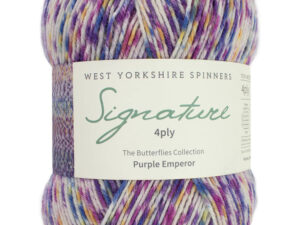 4 ply knitting or crochet yarn from the West Yorkshire Spinners Signature 4 Ply range.75% Wool - 25% Nylon. The wool content contains 35% luxurious Blue faced Leicester making this one of the most sumptuous 4 Ply products on the market. It is ideal for socks and more! From the West Yorkshire Spinners Butterfly range. West Yorkshire Spinners, reared, sheared and spun in Britian. British Wool Mark Makeup - Size 100gm balls (400m) Tension 36rs x 28sts - 10cm sq - 3.25mm (US3) needles Excellent Value at £8.50 per ball available from The Wool Boat or we can post out to a UK address for the £8.50 plus postage if applicable. Machine Wash 30° This is the Purple Emperor shade, no 1244, in shades of purple, blue and cream