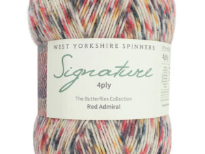 4 ply knitting or crochet yarn from the West Yorkshire Spinners Signature 4 Ply range.75% Wool - 25% Nylon. The wool content contains 35% luxurious Blue faced Leicester making this one of the most sumptuous 4 Ply products on the market. It is ideal for socks and more! West Yorkshire Spinners, reared, sheared and spun in Britian. British Wool Mark Makeup - Size 100gm balls (400m) Tension 36rs x 28sts - 10cm sq - 3.25mm (US3) needles Excellent Value at £8.50 per ball available from The Wool Boat or we can post out to a UK address for the £8.50 plus postage if applicable. Machine Wash 30° This is the Red Admiral shade, no 1241, in shades of red, cream and grey.