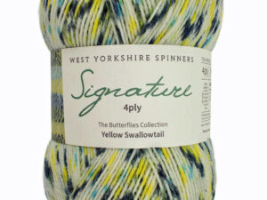 4 ply knitting or crochet yarn from the West Yorkshire Spinners Signature 4 Ply range.75% Wool - 25% Nylon. The wool content contains 35% luxurious Blue faced Leicester making this one of the most sumptuous 4 Ply products on the market. It is ideal for socks and more! From the West Yorkshire Spinners Butterfly range. West Yorkshire Spinners, reared, sheared and spun in Britian. British Wool Mark Makeup - Size 100gm balls (400m) Tension 36rs x 28sts - 10cm sq - 3.25mm (US3) needles Excellent Value at £8.50 per ball available from The Wool Boat or we can post out to a UK address for the £8.50 plus postage if applicable. Machine Wash 30° This is the Yellow Swallowtail shade, no 1245, in shades of yellow, blue and cream. The dye lot no is 2549. Collect from The Wool Boat moored near Burscough in West Lancashire or this yarn can be posted out to a UK address with postage and packing added if applicable. Thank you for having a look, Carole, and Capt Col on The Wool Boat.
