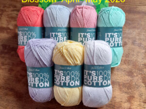 The UKHA, UK Hand knitting association, are organising a crochet along for April into May 2026, to produce a blanket named “Blossom”. The pattern will be realised over 7 weeks from the 7th of April 2026 through the UKHA website and Ravlery. We have put together a pack of the seven shades of Pure Cotton from James C Brett that can be used for this project. The pack contains 24 balls altogether in the required quantities of each shade. These may produce a brighter blanket than the one shown.