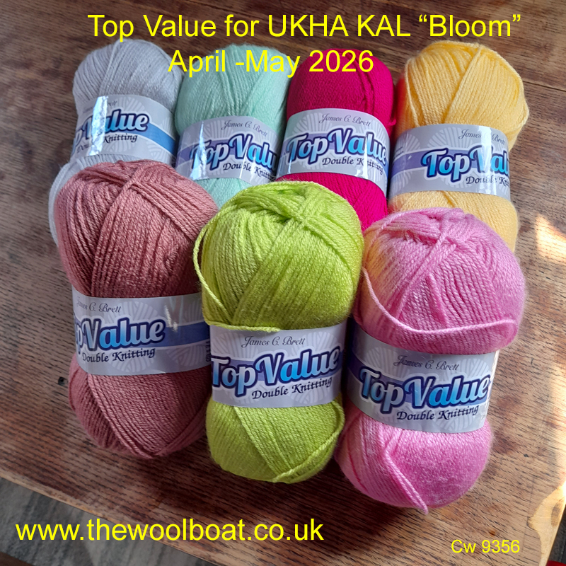 The UKHA, UK Hand knitting association, are organising a knit along for April into May 2026, to produce a blanket named “Bloom”. The pattern will be realised over 7 weeks from the 7th of April 2026 through the UKHA website and Ravlery. We have put together a pack of the seven shades of Top Value from James C Brett that can be used for this project. The pack contains 13 balls altogether in the required quantities of each shade. These may produce a brighter blanket than the one shown.