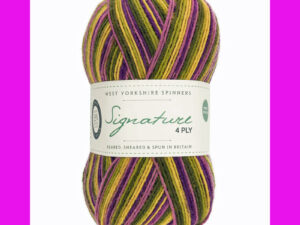 “West Yorkshire Spinners “Passionfruit cooler” From the Wool Boat and West Yorkshire Spinners, shade 811 4 ply knitting or crochet yarn from the West Yorkshire Spinners Signature 4 Ply range.75% Wool - 25% Nylon. The wool content contains 35% luxurious Blue faced Leicester making this one of the most sumptuous 4 Ply products on the market. It is ideal for socks and more! From the West Yorkshire Spinners Signature 4 ply range. West Yorkshire Spinners, reared, sheared and spun in Britain. British Wool Mark Makeup - Size 100gm balls (400m) Tension 36rs x 28sts - 10cm sq - 3.25mm (US3) needles A quality yarn at a nice price from a unique wool shop. If you can’t get to us on The Wool Boat we can post out to a UK address for postage cost if applicable. Machine Wash 30° This is the Passionfruit cooler shade, no 811, in shades of purple and yellow. The dye lot no is 0955 Collect from The Wool Boat moored near Burscough in West Lancashire or this yarn can be posted out to a UK address with postage and packing added if applicable. Thank you for having a look, Carole, and Capt Col on The Wool Boat.