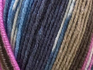 Fairground DK premium acrylic yarn Available in range of self-patterning shades. This is shade G11 in shades of Blue brown and lilac.
