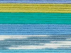 Fairground DK premium acrylic yarn Available in range of self-patterning shades. This is shade G4 in shades of Blue, green and yellow.