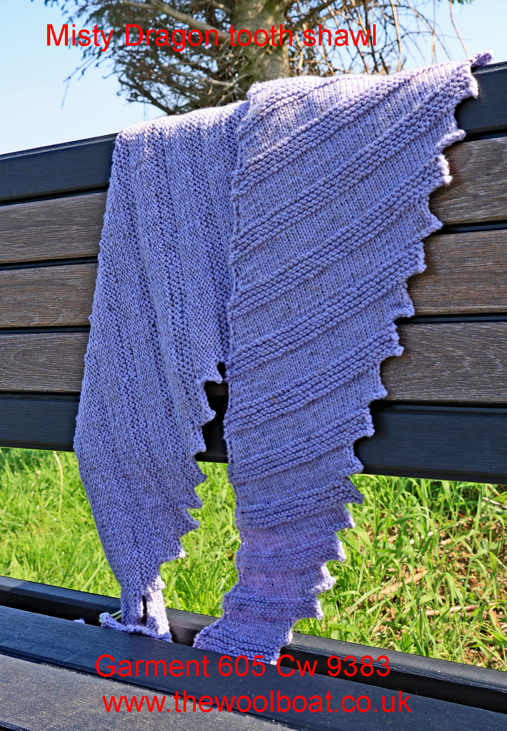 A Misty Dragon tooth shawl hand knitted aboard the narrow boat “Emma Maye” in Lancashire by Carole Wareing of Colin and Carole’s Creations. This unique garment is an adult sized shawl knitted from a now discontinued yarn we used to stock on The Wool Boat. The garment is created from a yarn with light shades of greys, from a yarn range called “Misty” thus the name of the shawl.
