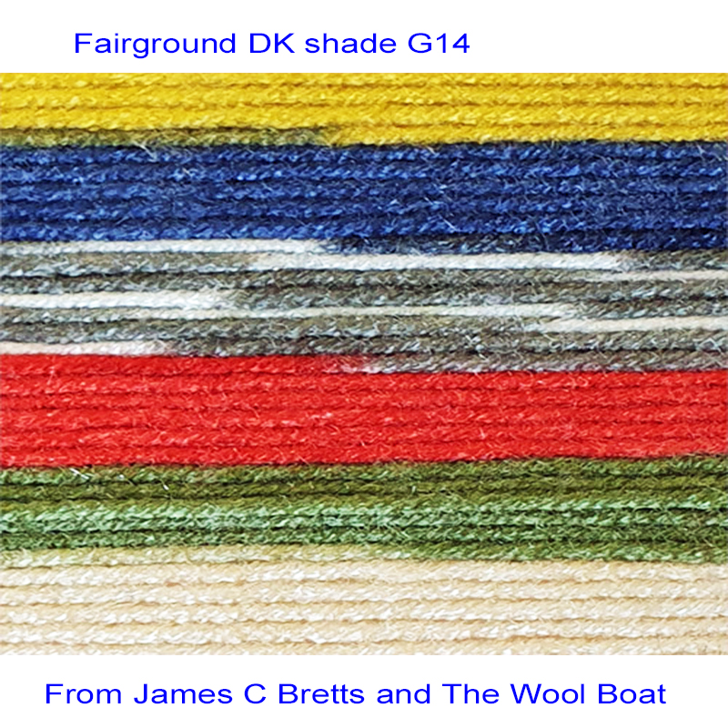 Fairground DK premium acrylic yarn Available in range of self-patterning shades. This is shade G14 in shades of Red, yellow and green.