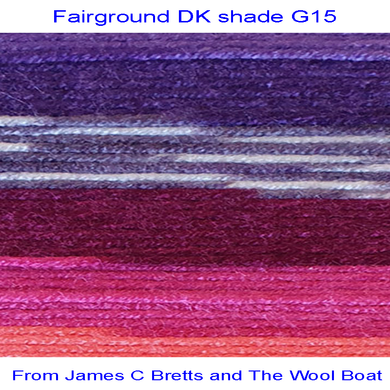 Fairground DK premium acrylic yarn Available in range of self-patterning shades. This is shade G15 in shades of Red, lilac and cream.