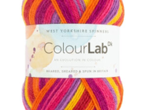 West Yorkshire Spinners Colourlab DK Yarn Available in a range of impactful colours. This is shade 914 Tutti fruity in a shades pink, purple and yellow SKU WYS shade 914 dye lot 2110