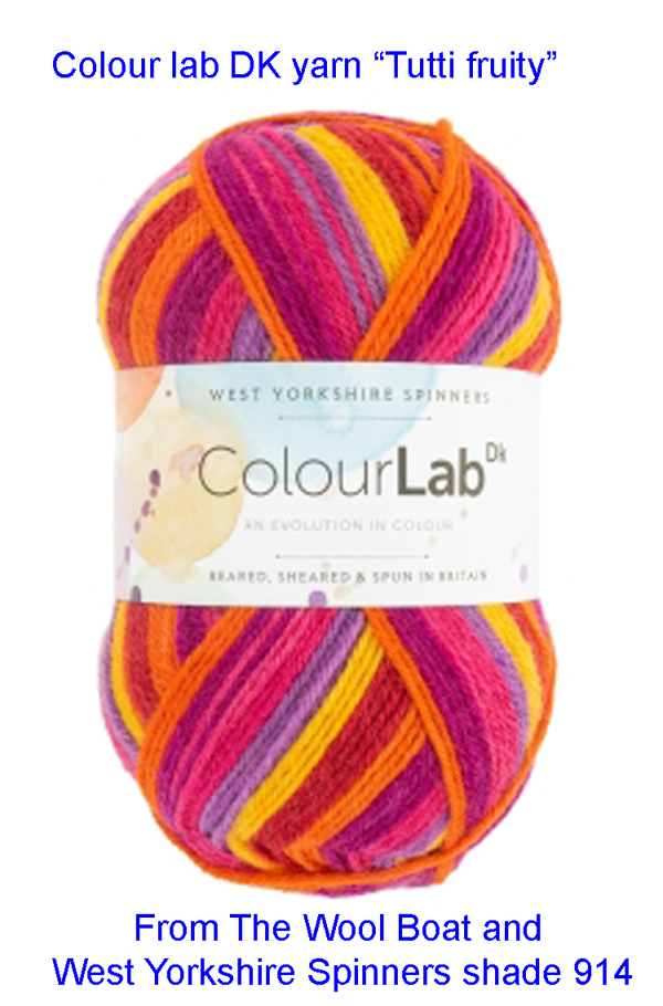 West Yorkshire Spinners Colourlab DK Yarn Available in a range of impactful colours. This is shade 914 Tutti fruity in a shades pink, purple and yellow SKU WYS shade 914 dye lot 2110